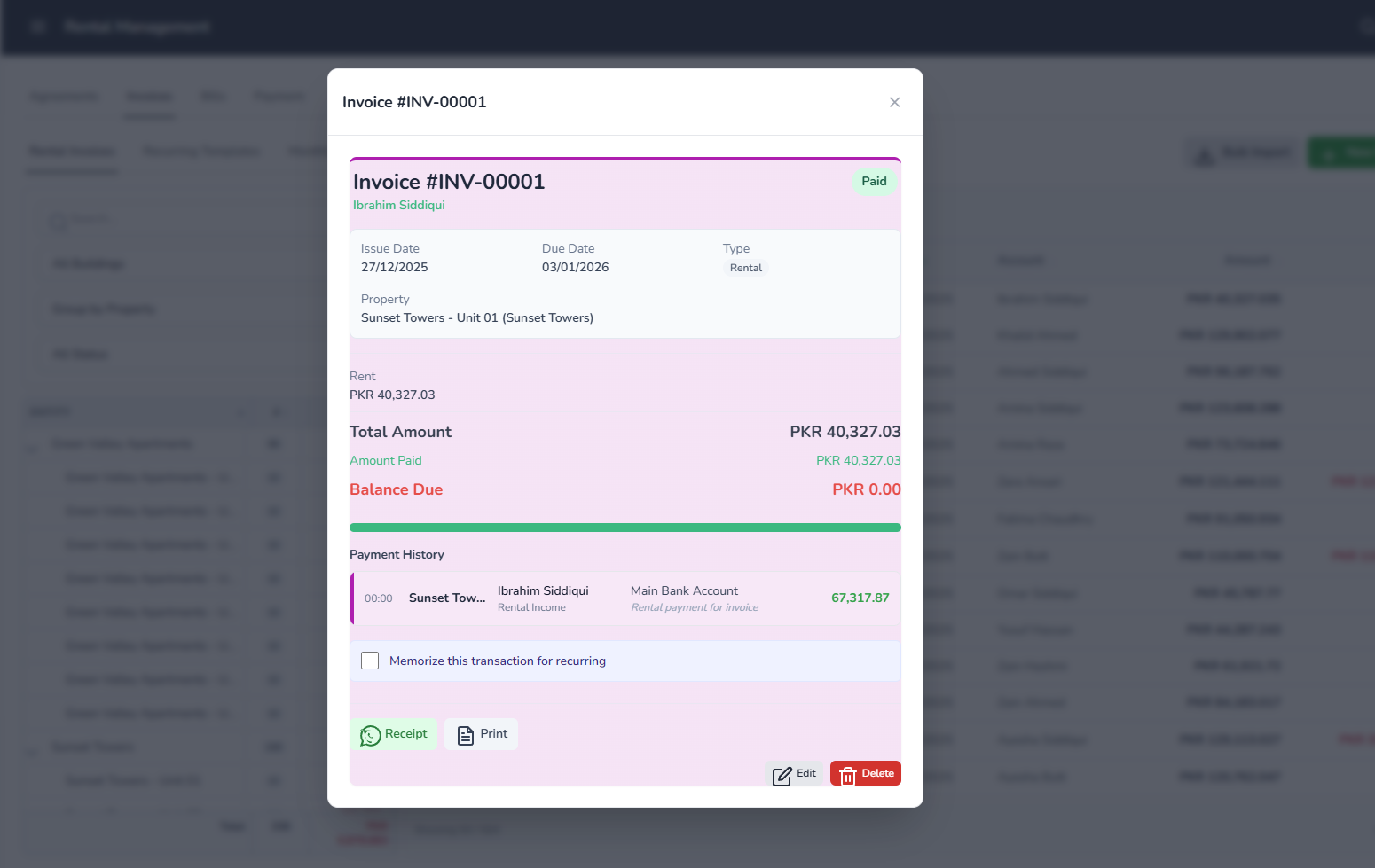 Automated workflows showing recurring invoices, WhatsApp integration, and QR code generation