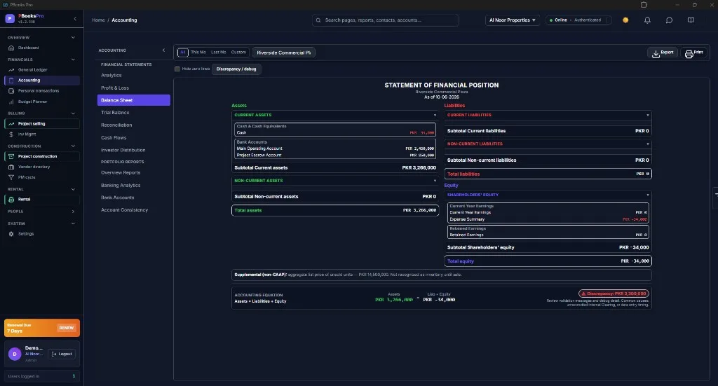 PBooksPro balance sheet statement of financial position