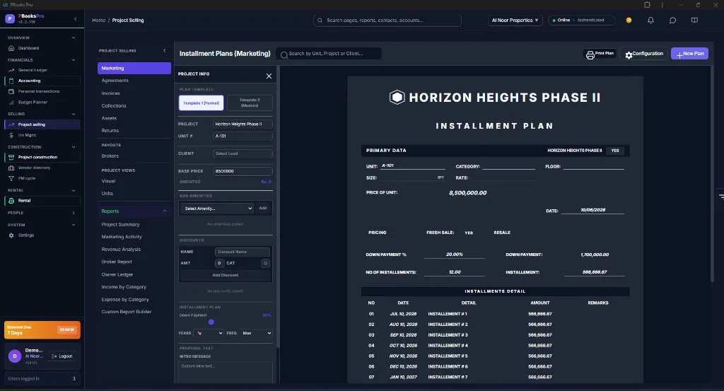 PBooksPro installment plan generator with unit pricing and payment schedule