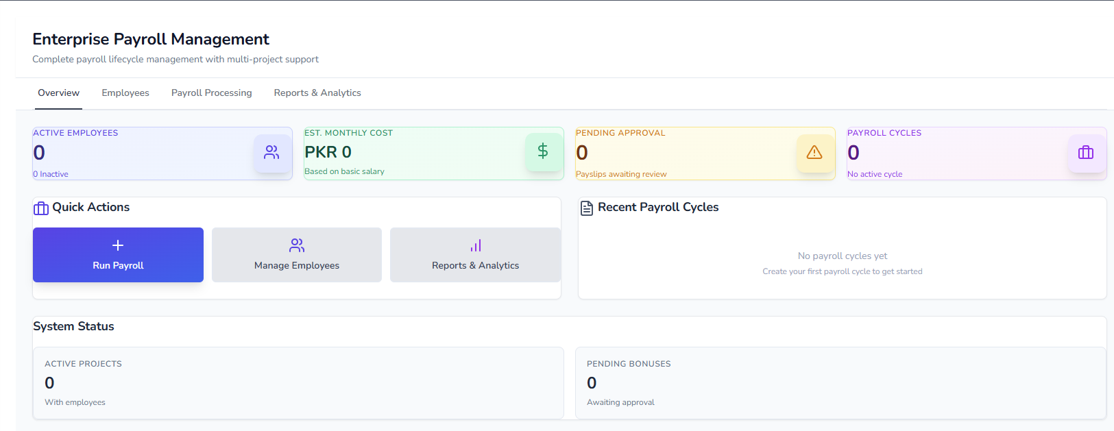 Enterprise Payroll system with employee management, salary structures, and multi-project cost allocation