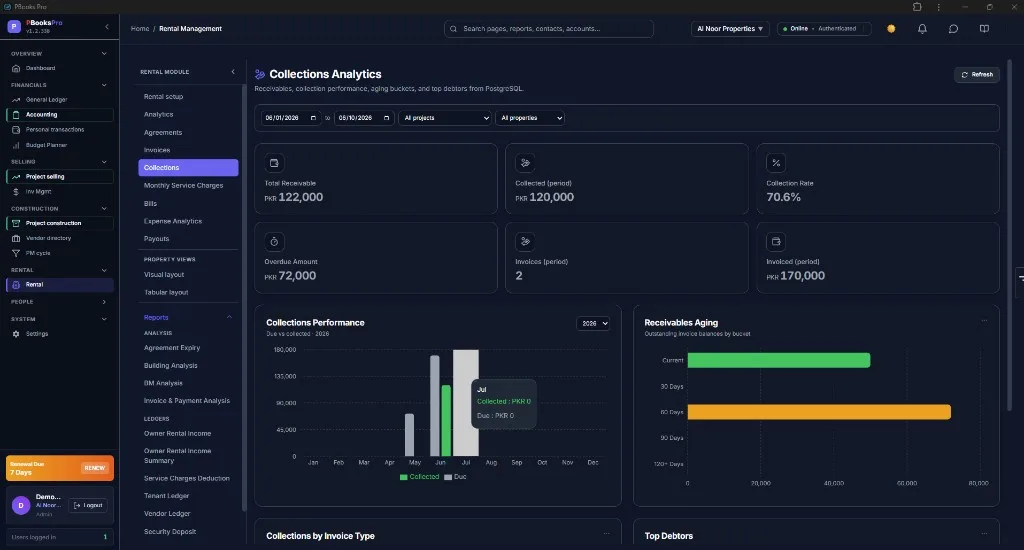 Rental Management interface showing rental agreements, tenant information, and property management
